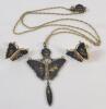 Vintage Japanese K24 Damascene Butterfly Necklace & Amita Janpan Screw Back Earring Set