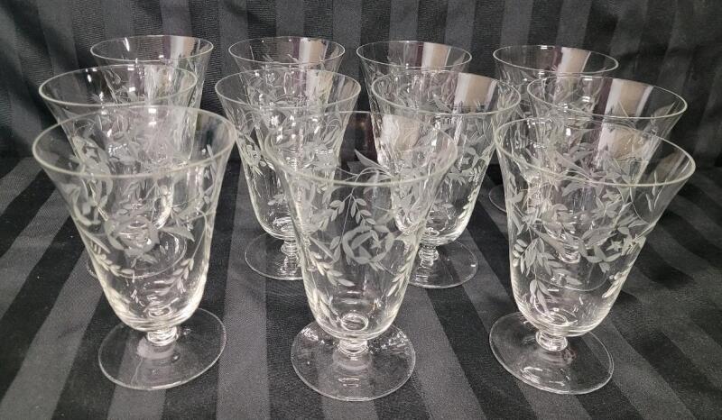 Eleven (11) Etched Clear Glass Oyster / Fruit Cocktail Glass. Measures 5" tall