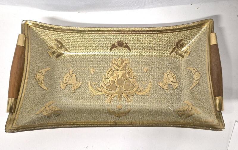MCM Georges Briard Signed Oblong Glass Tray with Wooden Handles
