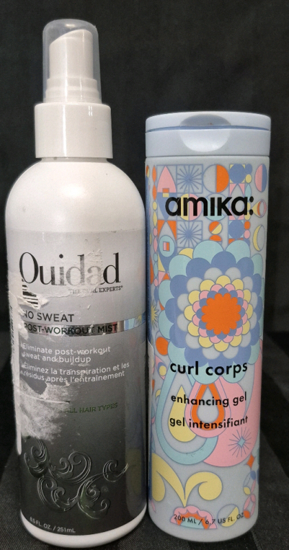 [See Desc] 2 Hair Care Products - Ouidad No Sweat Post Work-out Spray 251mL & Amika Curl Corps Enhancing Gel 200mL