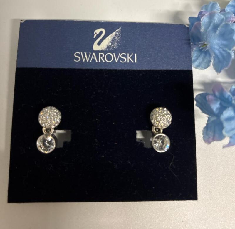 Swarovski New on Card Drop Earrings Clip Ons Dazzling Encrusted Disco Style Ball Bezel Crystal Drop Signed approximately .7&rsquo;&rsquo;