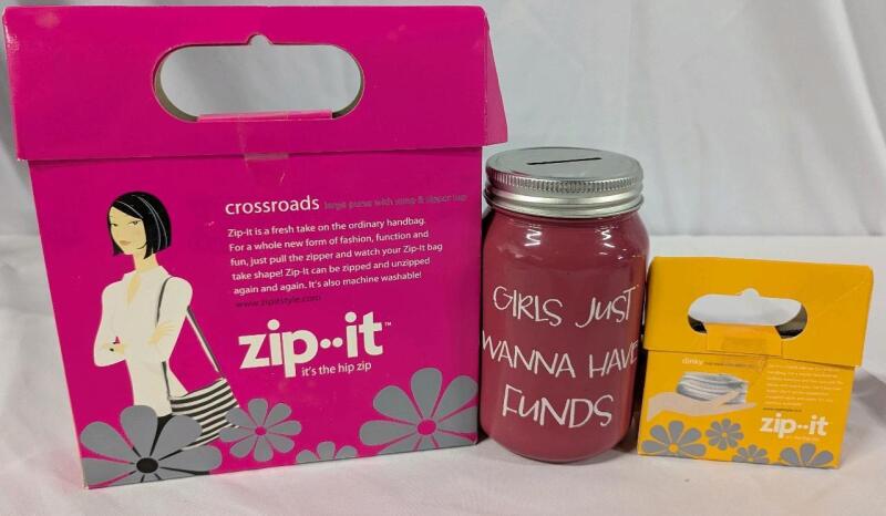 New Girls Day Out Lot. 2 New Zip-it Bags and Girls Just Wanna have Funds Coin Bank. Bank Measures 5.5" Tall.