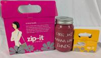 New Girls Day Out Lot. 2 New Zip-it Bags and Girls Just Wanna have Funds Coin Bank. Bank Measures 5.5" Tall.