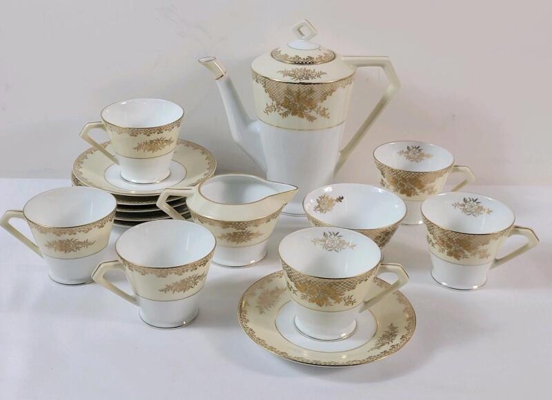 Vintage 15pc. Noritak&eacute; Coffee Set . Coffee Pot , Cream & Sugar Bowls & 6 Cups and Saucers . All Pieces Ring True with no visible chips or cracks .