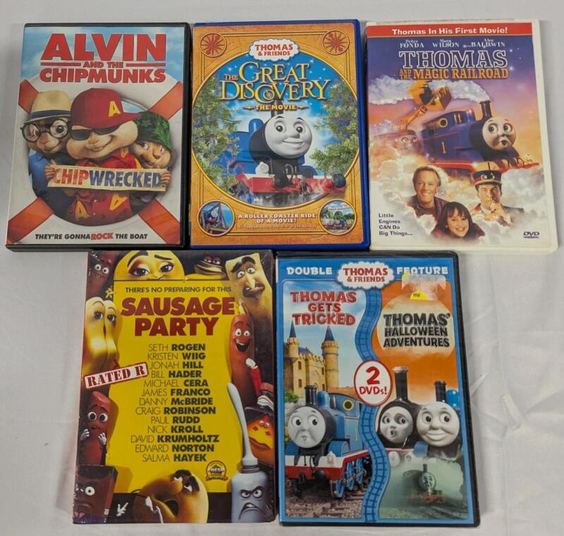 5 DVDs. Some Sealed Some Not. Thomas the Tank Engine, Alvin and the Chipmunks and Sausage Party (Rated R)