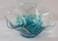 MCM Hand Blown Art Glass Turquoise Dish . Measures 3.5" tall & 7" diameter