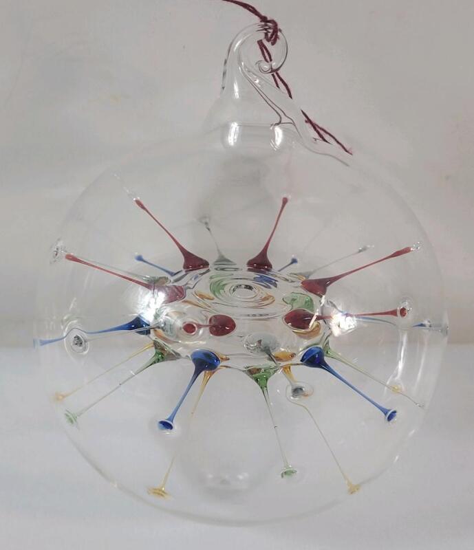 Hand Blown Art Glass " Neuron " Ornament . Measures 3.5" diameter .