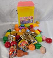 30+ Assorted Plastic and Cardboard Food Items. Comes with Container. Container lid is missing a chip