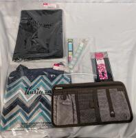 6 New Thirty-One Items. Bookmark, Pocket Organizer, 2 Key Fobs, Rectangle Lid and Oh-Snap Pocket. Organizer is 12.5".