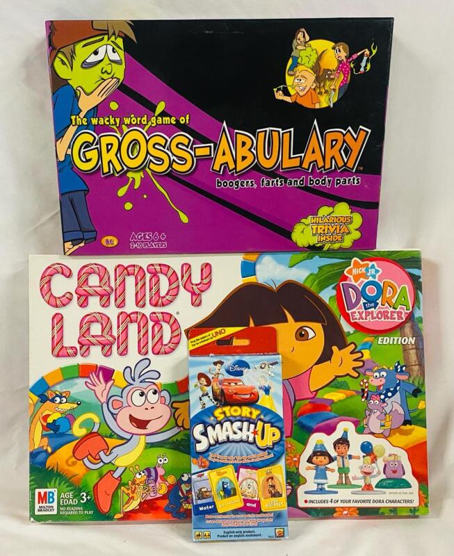 3 Children&rsquo;s Board/Card Games, Includes Toy Story Smash Up Word Game, Gross-abulary Word Game, and Candy Land Dora the Explorer Edition