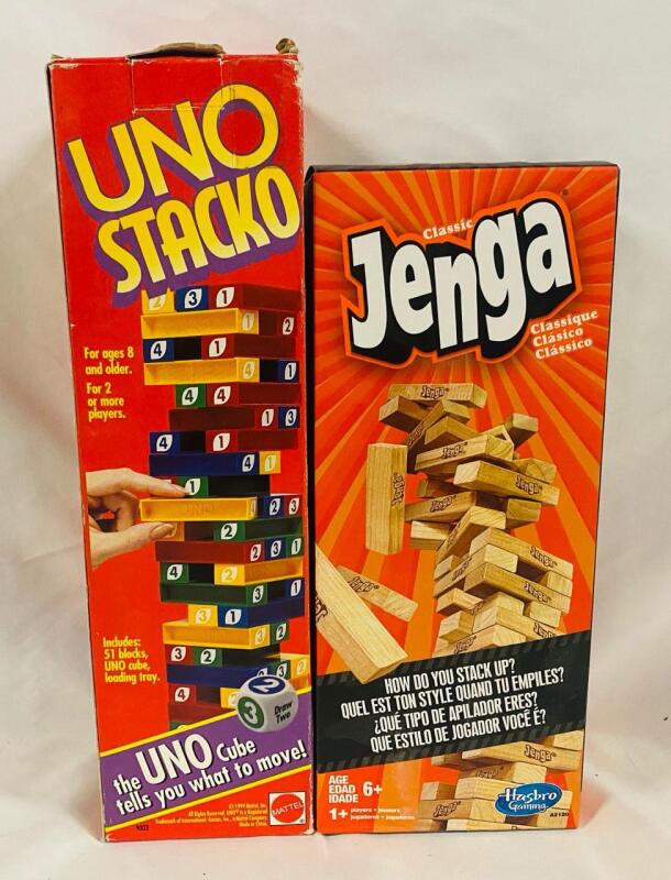 2 Block Stacking Games, Includes Jenga and Uno Stacko