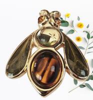 MONET Queen Bee Bug Brooch Cabochons Rhinestone Green Enameling 1 Inch Long Vintage Signed