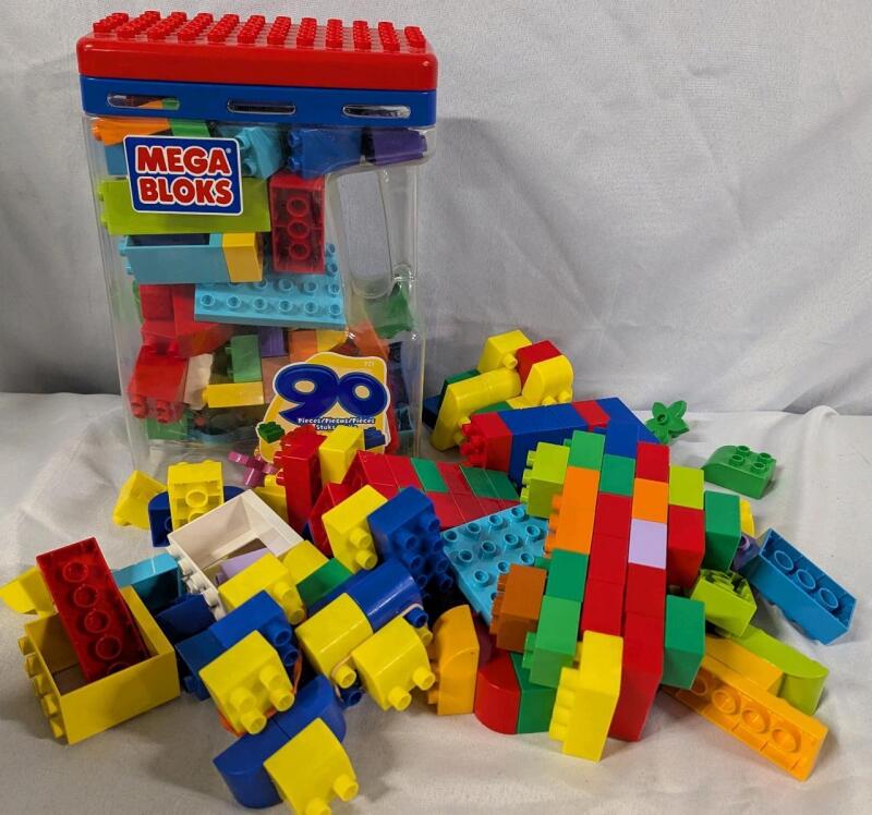 90+ Mega Blox Pieces with Container.