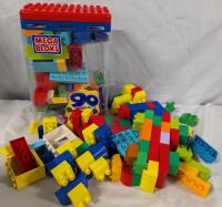 90+ Mega Blox Pieces with Container.