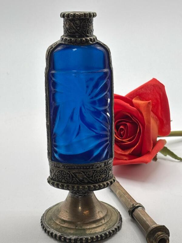 Handcrafted Cobalt Moroccan Blue Glass Perfume Oil Bottle Sprinkler with Embossed Metal Overlay 11&rsquo;&rsquo;