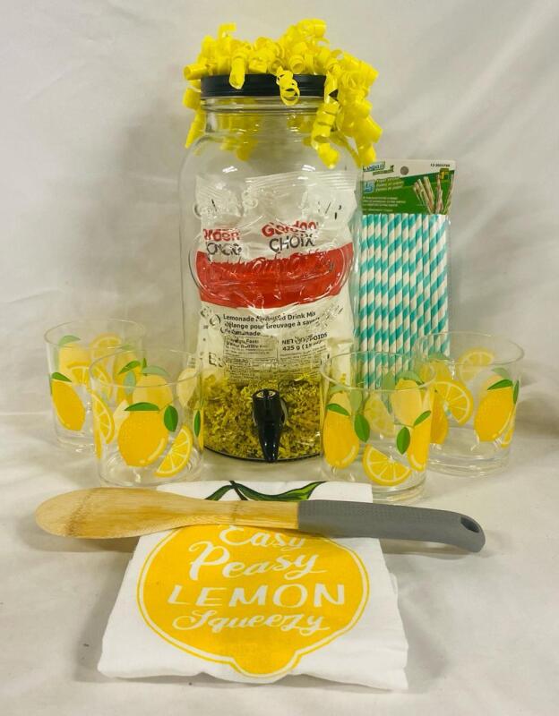 Lemonade Making Kit, Includes Large Spouted Pitcher, 2 Packs of Lemonade Mix (Lemonade and Pink Lemonade, 425g), 4 Plastic Cups, 25 Straws, and Towel.
