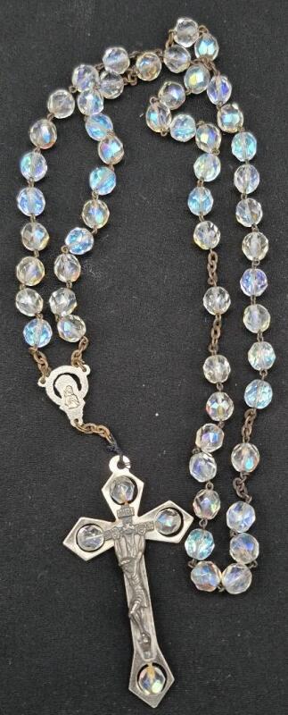 Vintage Italian Aurora Borealis Rosary Made in Italy 28" Long