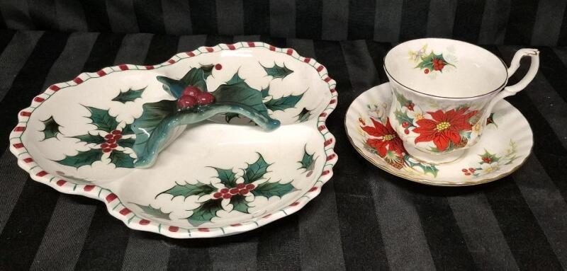 Vintage Royal Albert Teacup & Saucer & Handpainted Ceramic Dish Japan 9.5" Wide