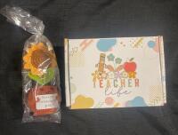 New Teacher&rsquo;s Gift Set, Includes Socks, Glass with Straw and Lid, and Cute Plant Knitted Figure