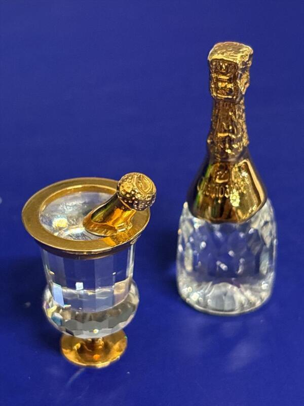 Swarovski Crystal 18K Gold Plated 2&rsquo;&rsquo; Bottle Of Champagne And Ice Bucket Swarovski Box Stamped Champagne and Iconic Swan No noted chips or cracks