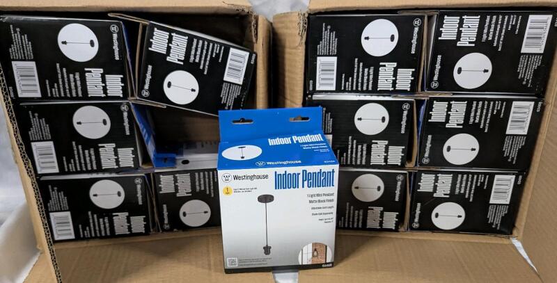 12 New Westinghouse 63468 Indoor Pendant Lights. Adjustable Cord Length. Shades Sold Separately. Retails for $299.76! ($24.98 Each)