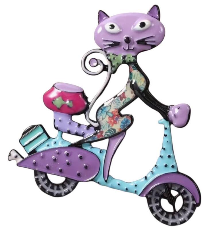Retro Purple Cat on Bike Detailed Brooch Fish Bowl with Fish on Back Seat Adorable Approximate size 2 x 2.25&rsquo;&rsquo;