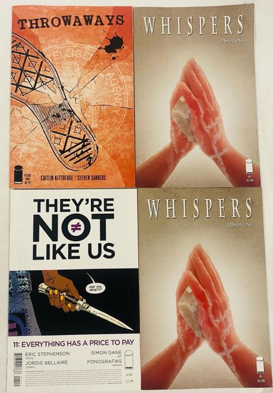 4 Assorted Image Comics, Includes They&rsquo;re Not Like Us #11, Throwaways #1, and 2x Whispers #6