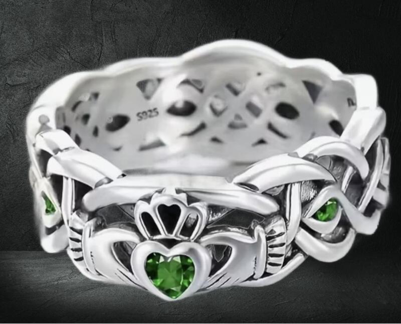 Celtic Claddagh 925 Sterling Silver Cut Work Band with Green Stones Stamped Size 8