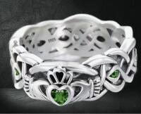 Celtic Claddagh 925 Sterling Silver Cut Work Band with Green Stones Stamped Size 8