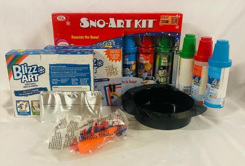 Snow Art Assorted Lot; Includes Sno-Art Kit, Extra Snow Markers, Snowman Decoration Kit, and 2 Blizz Art Spray Chalk Kits (4 Cans Per Kit)