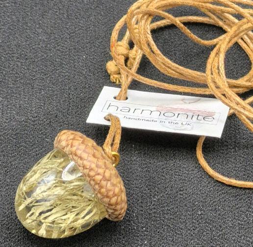 New in Box Harmonite Acorn Pendant Necklace with English Lichen Handmade in United Kingdom