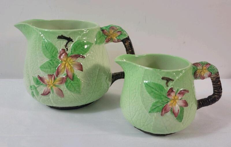 Carlton Ware Apple Bloom Green Jug & Creamer . Measures 5" & 3.5" tall . Creamer has crack on handle