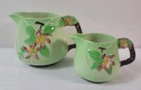 Carlton Ware Apple Bloom Green Jug & Creamer . Measures 5" & 3.5" tall . Creamer has crack on handle