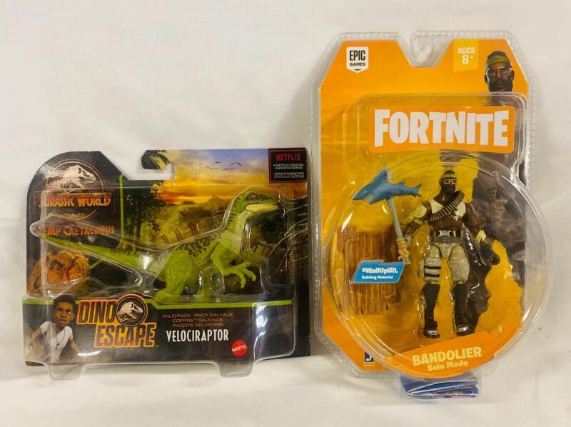 2 New Sealed Action Figures, Includes Fortnite Bandolier (10&rdquo;) and Dino Escape Velociraptor
