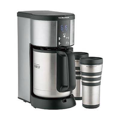 New In-Box Hamilton Beach Deluxe Thermal Coffeemaker (10 Cups) with 2 Stainless Steel Thermal Travel Mugs and Permanent Filter
