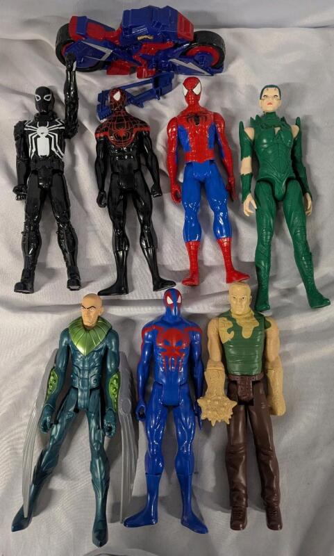 7 Action Figures with accessories. 7 Marvel Spiderman (and Associates) and 1 Saban Rita Repulsa. Tallest Measures 12.5"