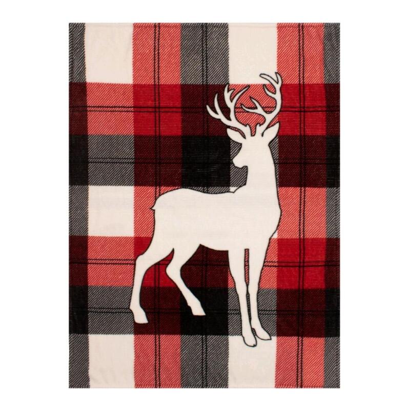 New Safdie & Co. Throw Ribbed Printed Red Deer On Plaid. ,48" by 60"