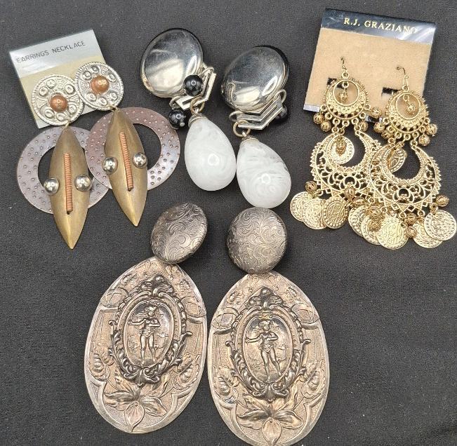 4 Vintage & Modern Statement Earrings - Clip-ons and Pierced