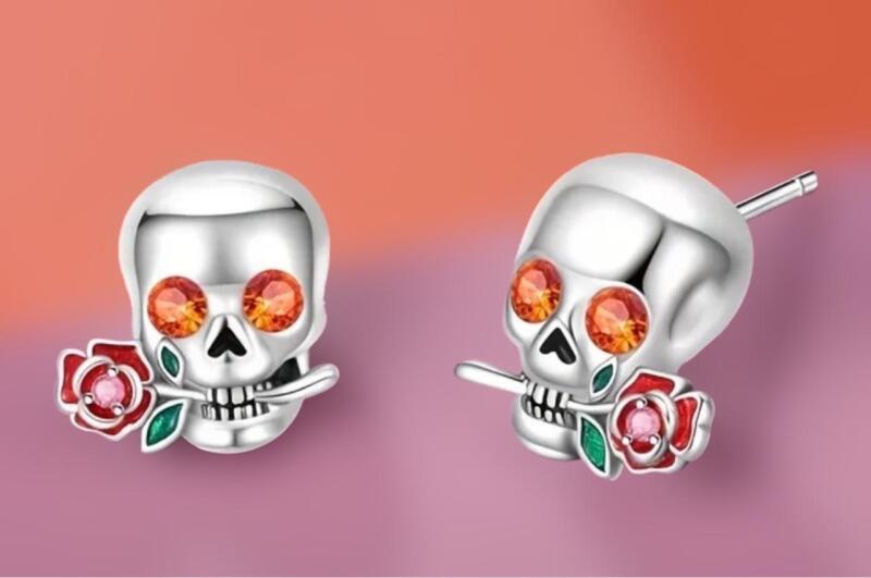 925 Sterling Silver Stamped Romantic Skull And Rose Drop Stud Earrings Stones with Enamel .5&rsquo;&rsquo; approximately