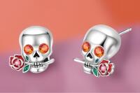 925 Sterling Silver Stamped Romantic Skull And Rose Drop Stud Earrings Stones with Enamel .5&rsquo;&rsquo; approximately
