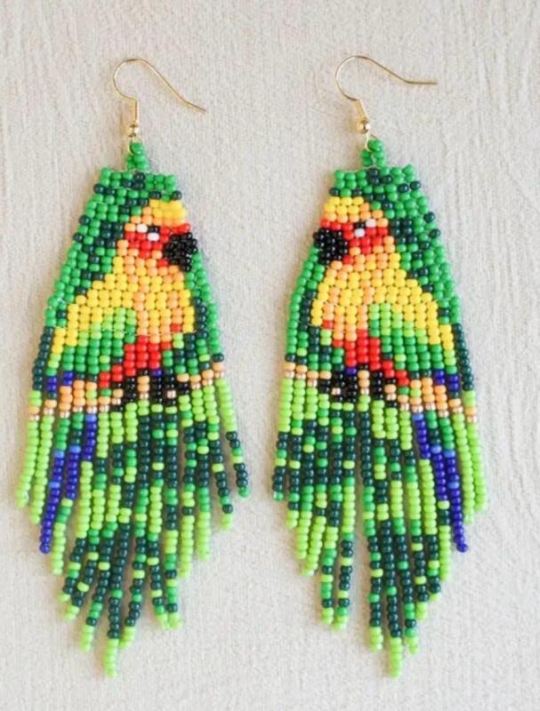Vibrant Beaded Parrot Dangle Earrings Handcrafted Unique Bohemian Style Copper Sheppard Hooks Approximate drop 4.25&rsquo;&rsquo;