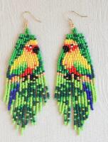Vibrant Beaded Parrot Dangle Earrings Handcrafted Unique Bohemian Style Copper Sheppard Hooks Approximate drop 4.25&rsquo;&rsquo;