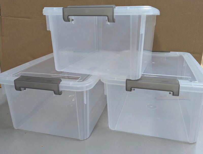 3 New Plastic Totes With Clasp on Lids. 7" by 11" by 15.5"