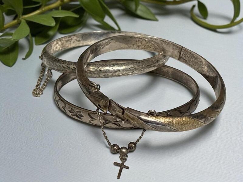 2 Fabulous Sterling Hinged Etched Bracelets with Safety Chains One with Cross Charm One Etched Bangle see description for sizes