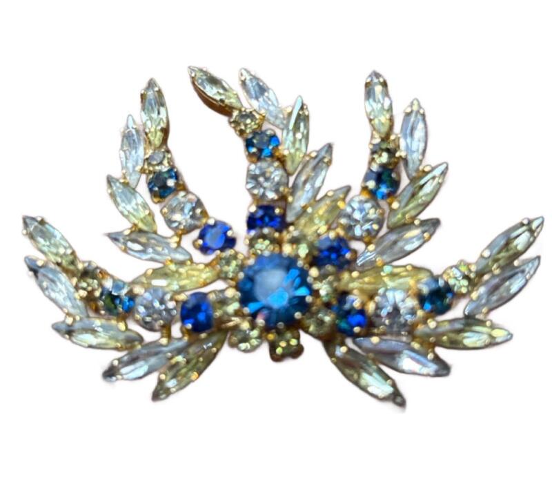 Beautiful Brooch Firework 5 Fanned Rich Sapphire Chatons Clear and Lemon Navettes 2.25 x 1.5&rsquo;&rsquo; Very good Gold plate