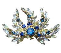 Beautiful Brooch Firework 5 Fanned Rich Sapphire Chatons Clear and Lemon Navettes 2.25 x 1.5&rsquo;&rsquo; Very good Gold plate