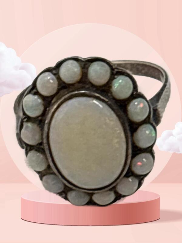 Opal AHB 800 Silver Art Deco Halo Ring Stunning Vintage Size 6.5 Stunning Centre Opal 14 Halo Hugging Opals Stamped