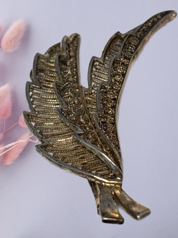 BIRKS Sterling Filigree Dimensional Signed Brooch approximately 1.75 &lsquo;&rsquo; Fold Over Leaves/ Feathers designed with Roped Rosettes on Outer Fold