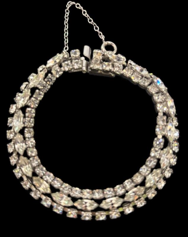SHERMAN 3 Row Vintage Early Bracelet Safety Chain Present Triple Rhodium Coated Excellent Condition Outer Rows Chatons hugging Centre Navettes 6.5 inch Total lengh 7 inch Signed