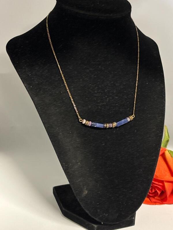 925 Sterling Silver Gilt Choker Necklace Stamped Natural Bullet Bar Blue Sones small rondels Ring Clasp 14 inch
